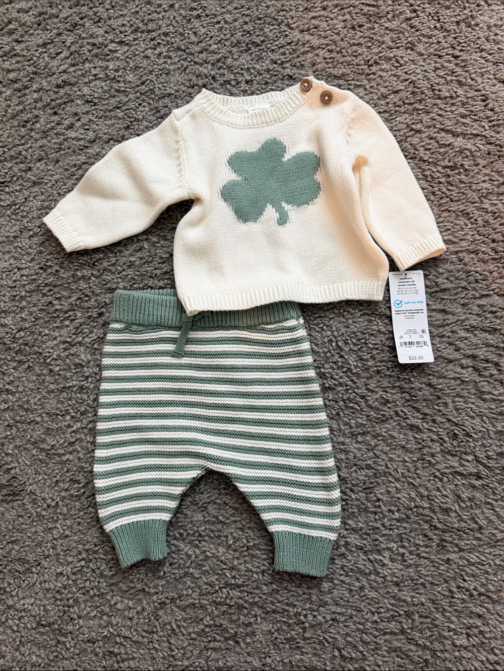 Carter's Cream Sweater with Sage Clover & Sage-Striped Knit Pants